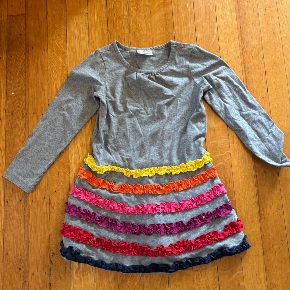 Hanna Andersson Colorful Ruffled Kids Long Sleeve Dress - Size 6/120